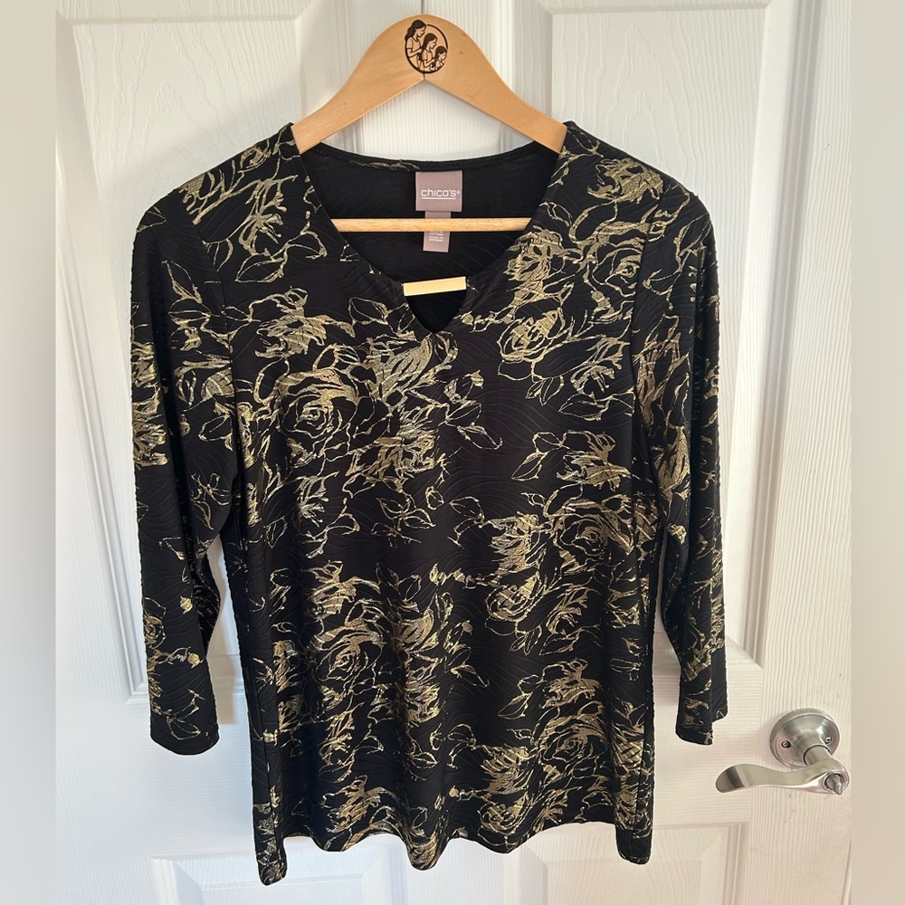 Chico's Elegant Black and Gold Patterned Long Sleeve Top size 0